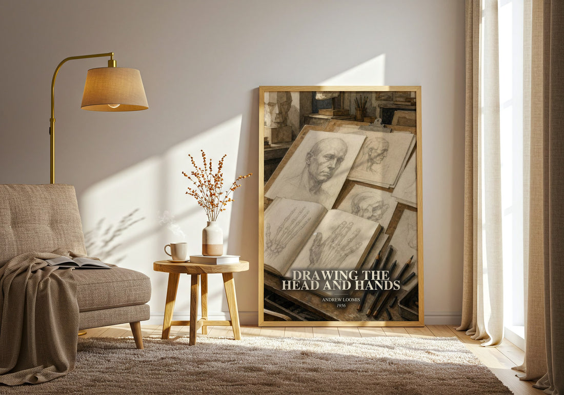 Drawing the head and hands watercolour print in frame leaning in hallway – non fiction wall art