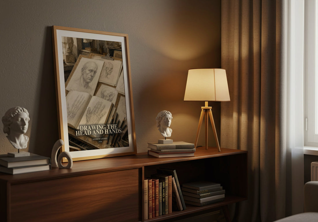 Drawing the head and hands watercolour print on bookshelf – Andrew Loomis fan gift