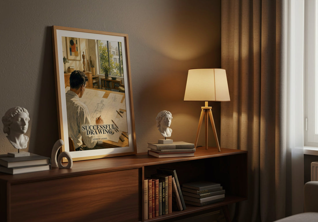 Successful drawing watercolour print on bookshelf – Andrew Loomis fan gift