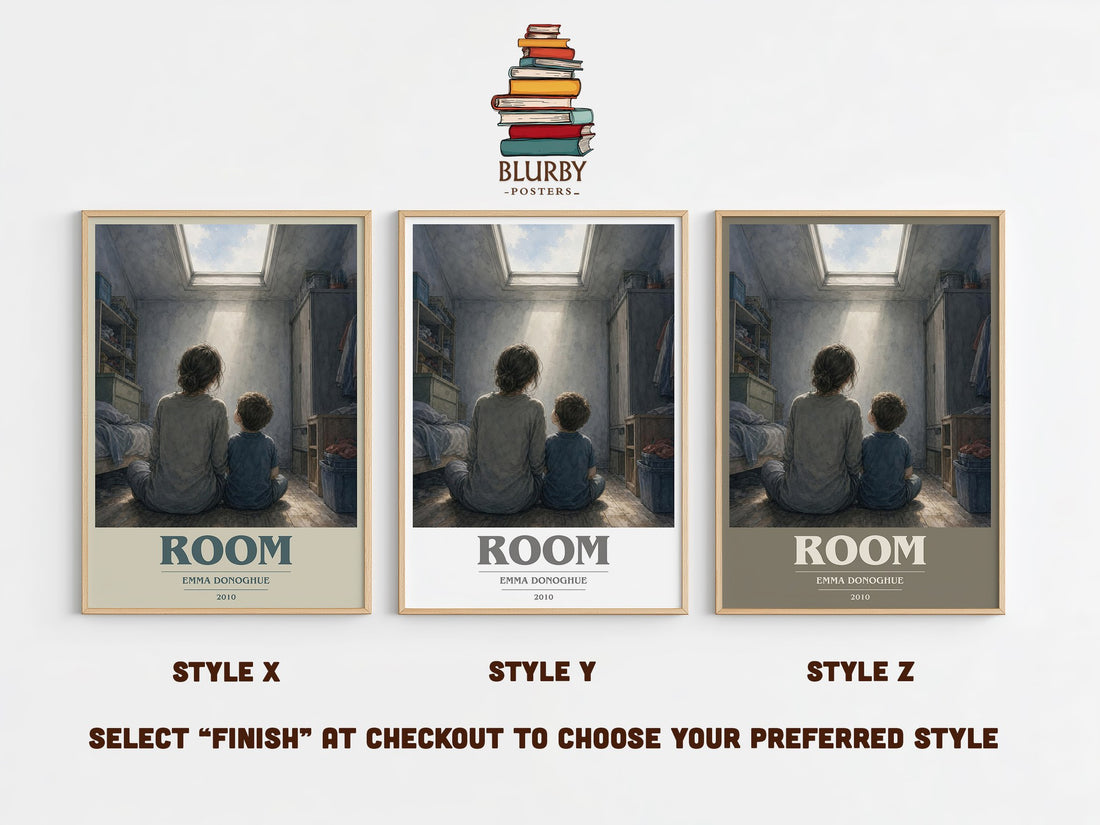 Room book cover print in frame leaning in hallway – contemporary fiction wall art (mockup)