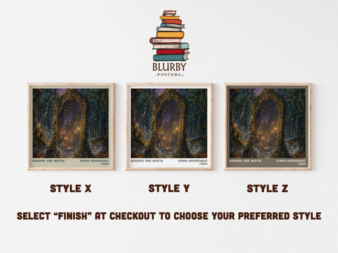 Kissing the Witch literary print in frame leaning in hallway – literary fiction wall art (mockup)