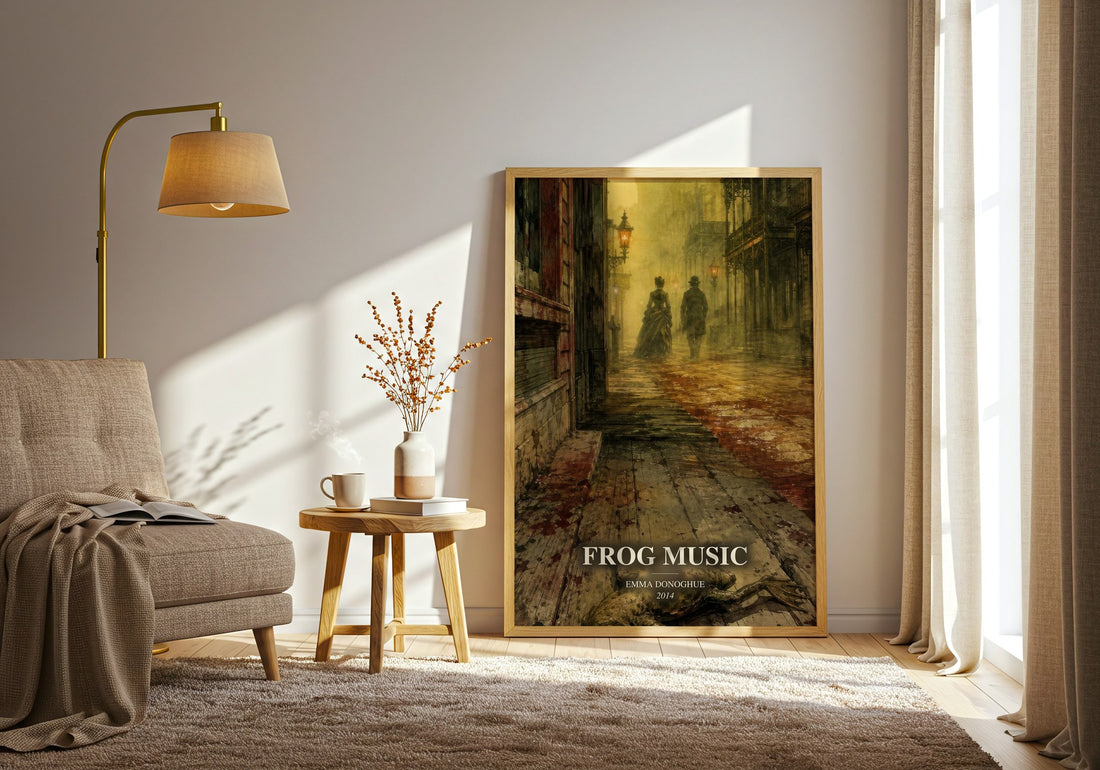 Frog music watercolour print in frame leaning in hallway – historical fiction wall art