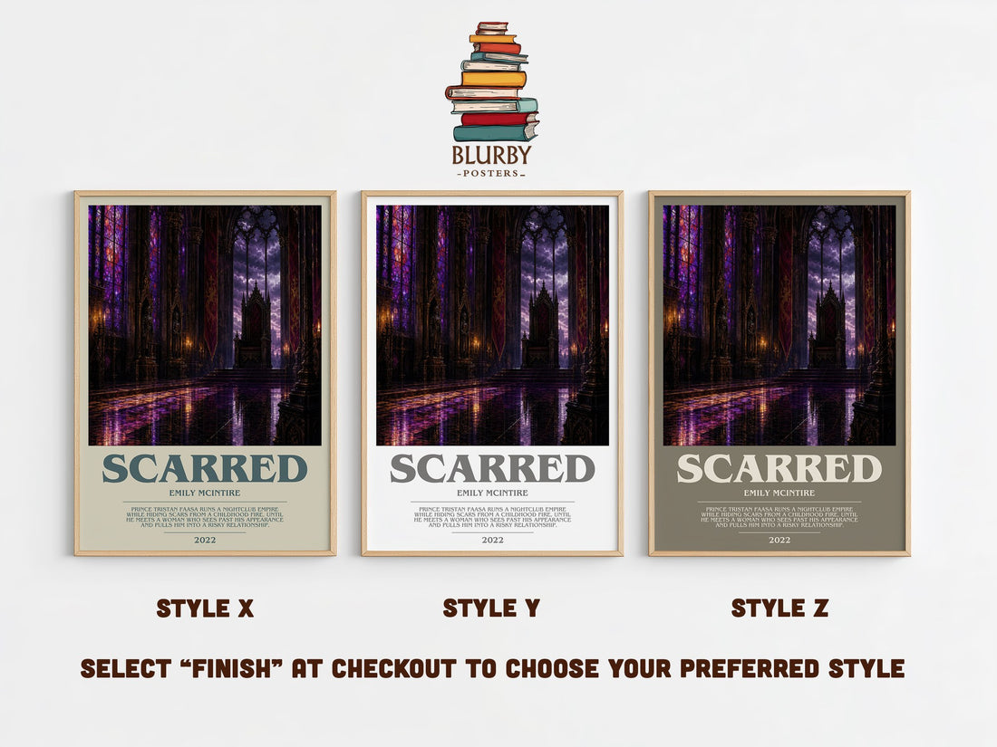 Scarred bookish print in frame leaning in hallway – romance wall art (mockup)