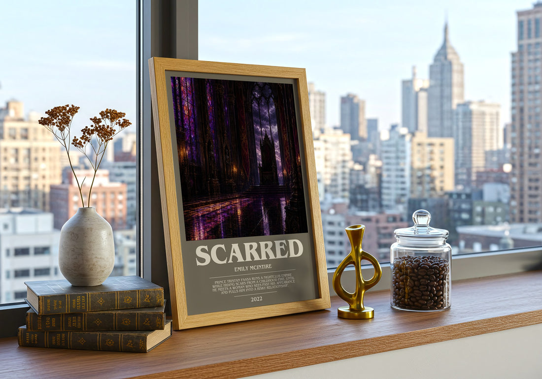 Scarred bookish print framed by window – literary home decor