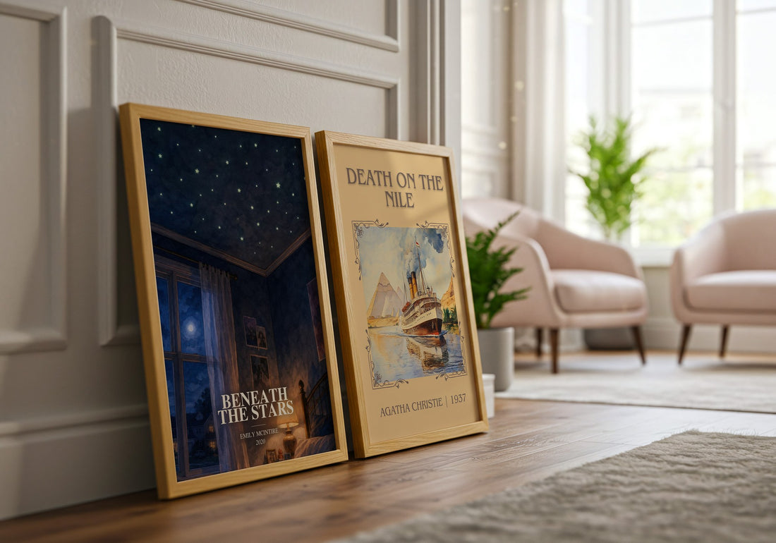Beneath the Stars watercolour print framed by window – literary home decor