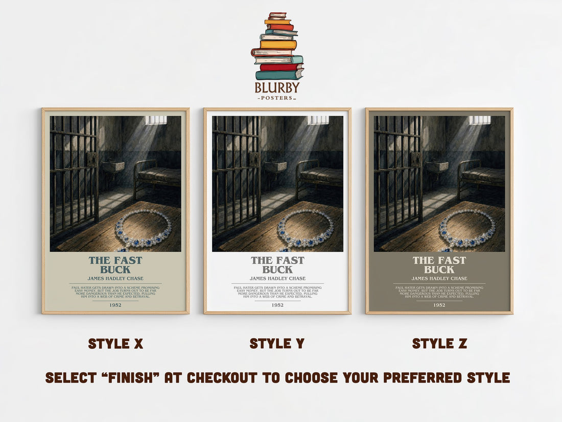 The Fast Buck bookish print in frame leaning in hallway – crime wall art (mockup)