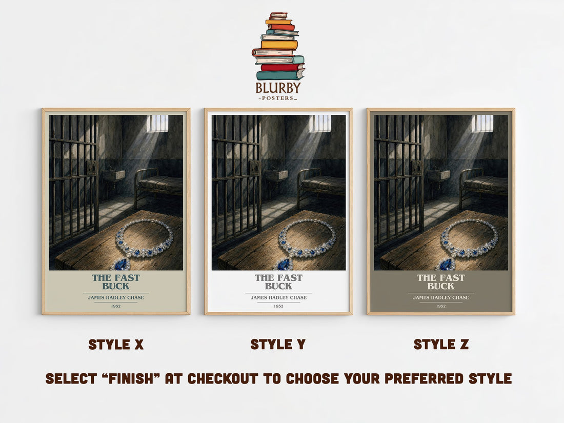 The Fast Buck book cover print in frame leaning in hallway – crime wall art (mockup)