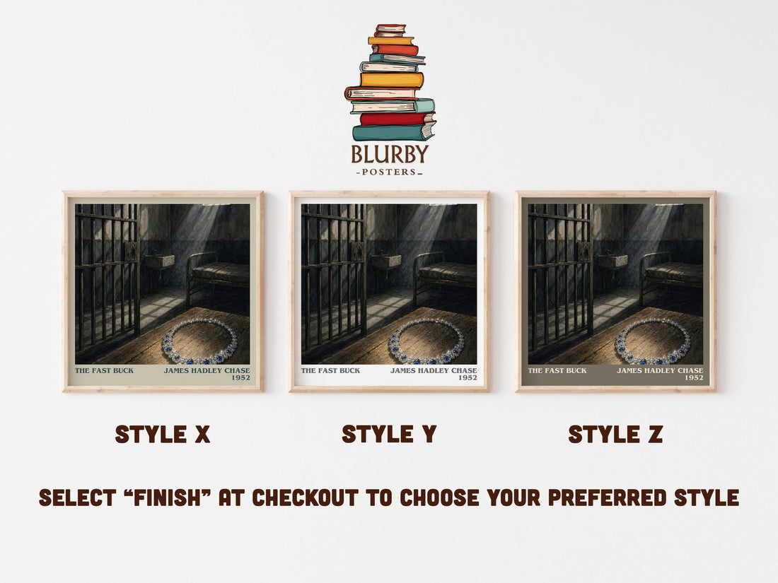 The Fast Buck literary print in frame leaning in hallway – crime wall art (mockup)