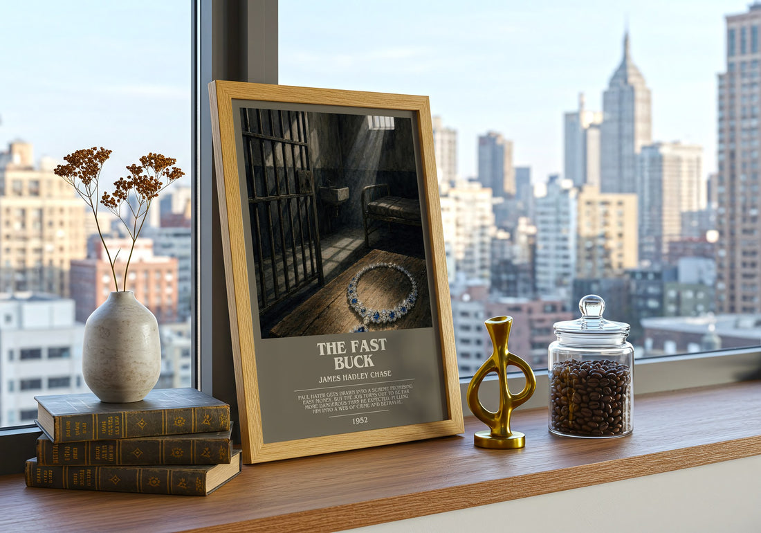 The Fast Buck bookish print framed by window – literary home decor