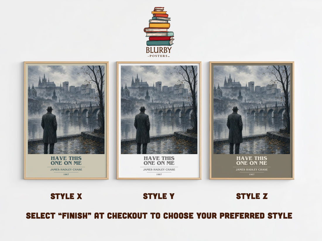 Have this one on me book cover print in frame leaning in hallway – crime wall art (mockup)