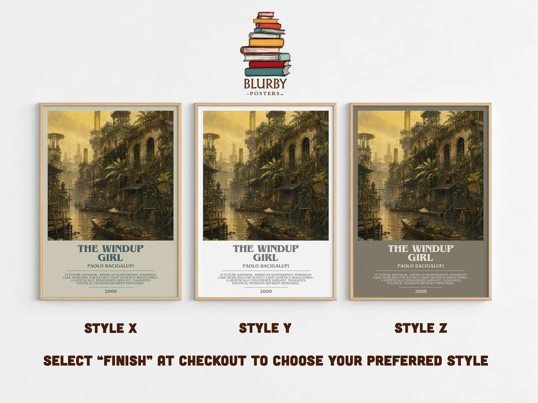 The Windup Girl bookish print in frame leaning in hallway – sci fi wall art (mockup)