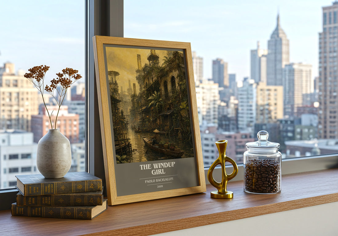 The Windup Girl book cover print framed by window – literary home decor