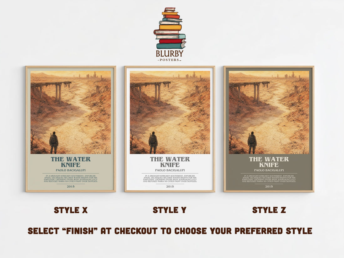 The Water Knife bookish print in frame leaning in hallway – dystopian wall art (mockup)