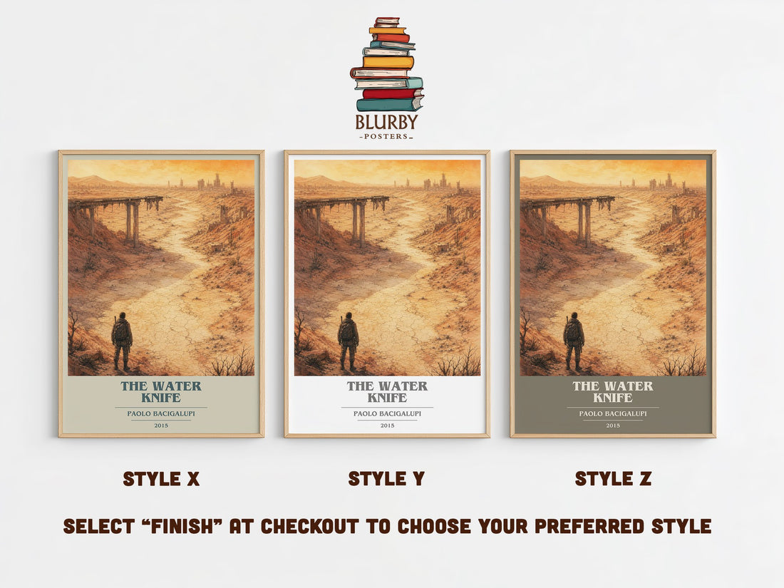The Water Knife book cover print in frame leaning in hallway – dystopian wall art (mockup)