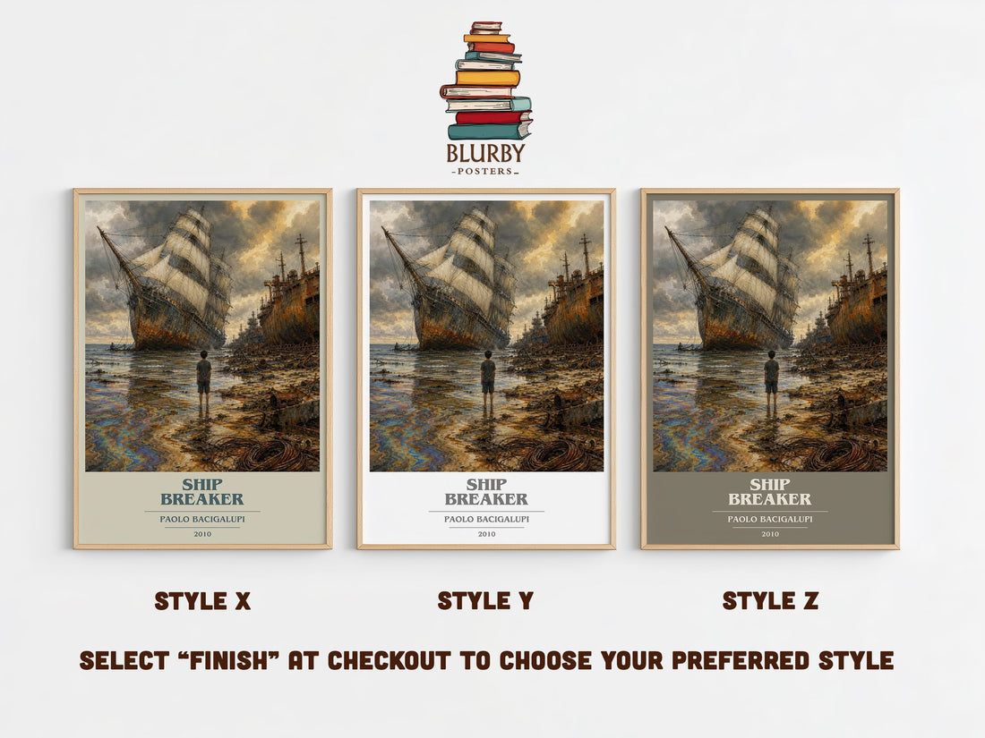 Ship breaker book cover print in frame leaning in hallway – dystopian wall art (mockup)