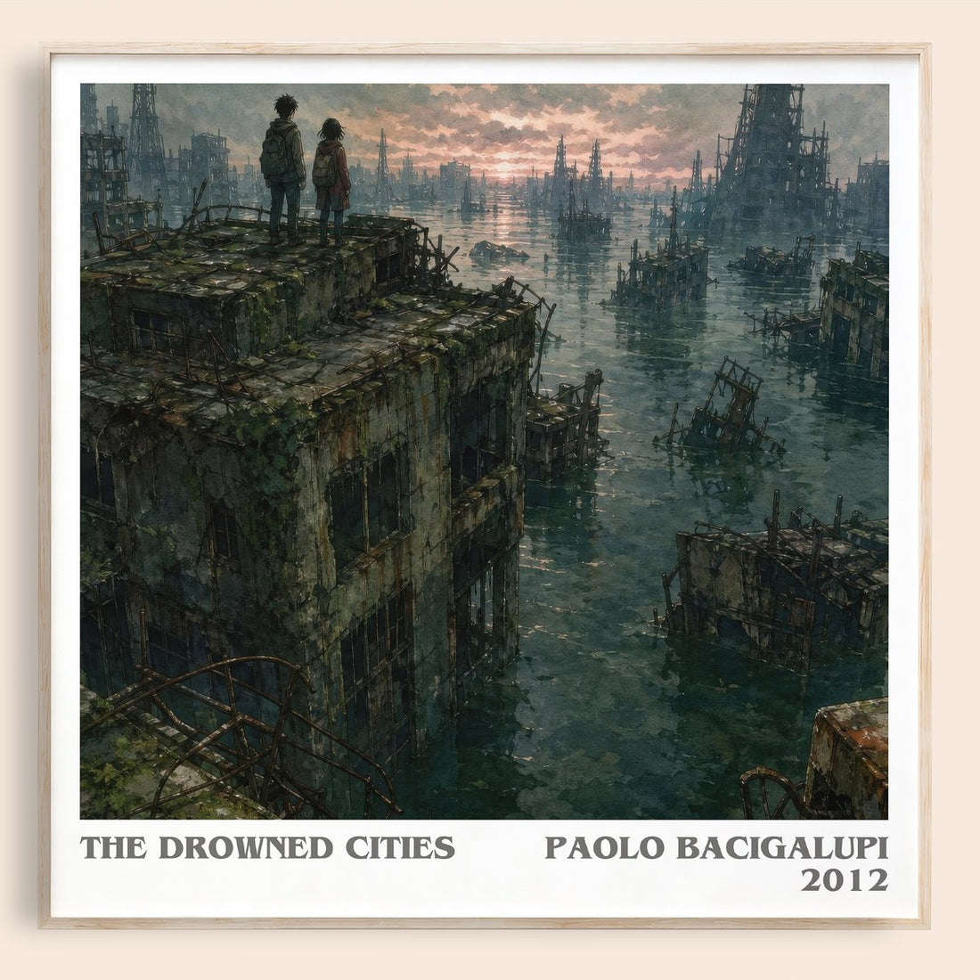 The drowned cities literary book poster by Paolo Bacigalupi – framed literary art print