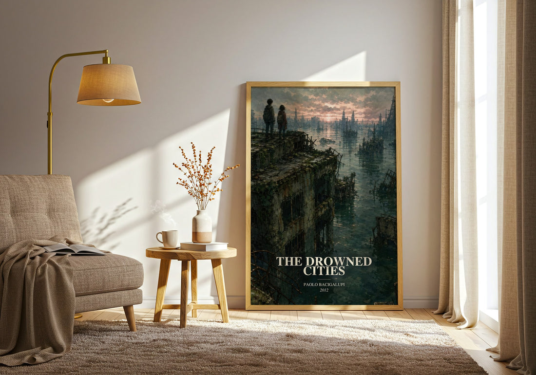 The drowned cities watercolour print in frame leaning in hallway – dystopian wall art