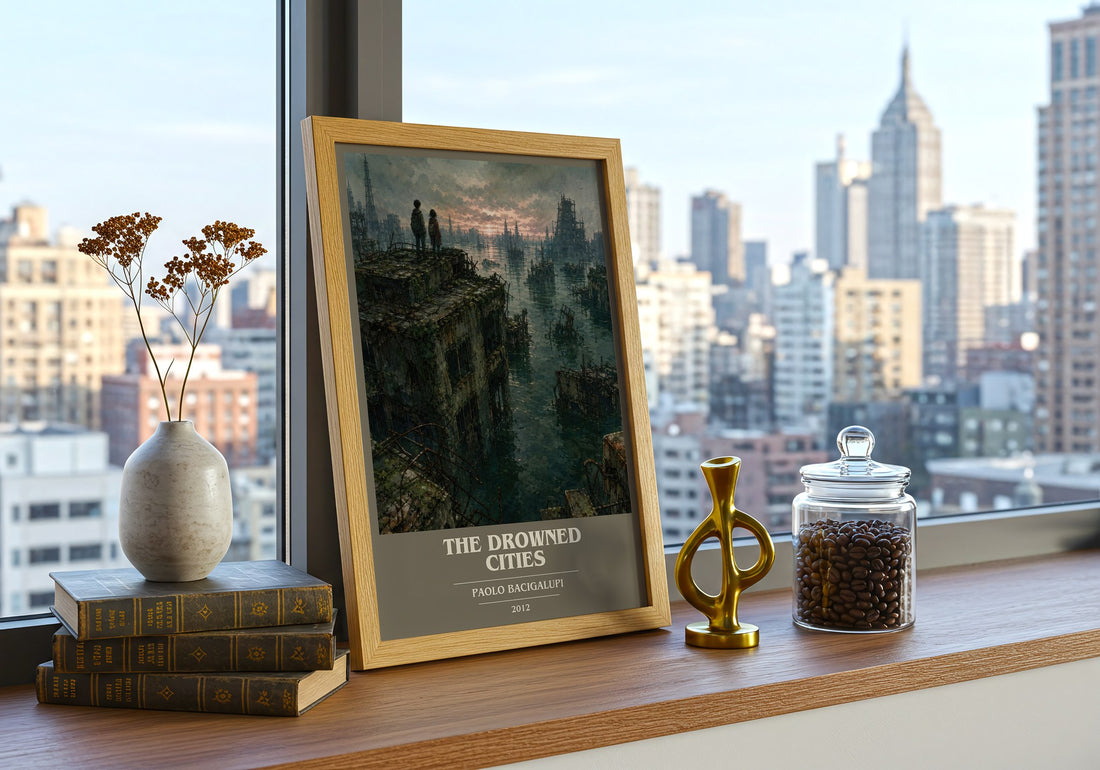 The drowned cities book cover print framed by window – literary home decor