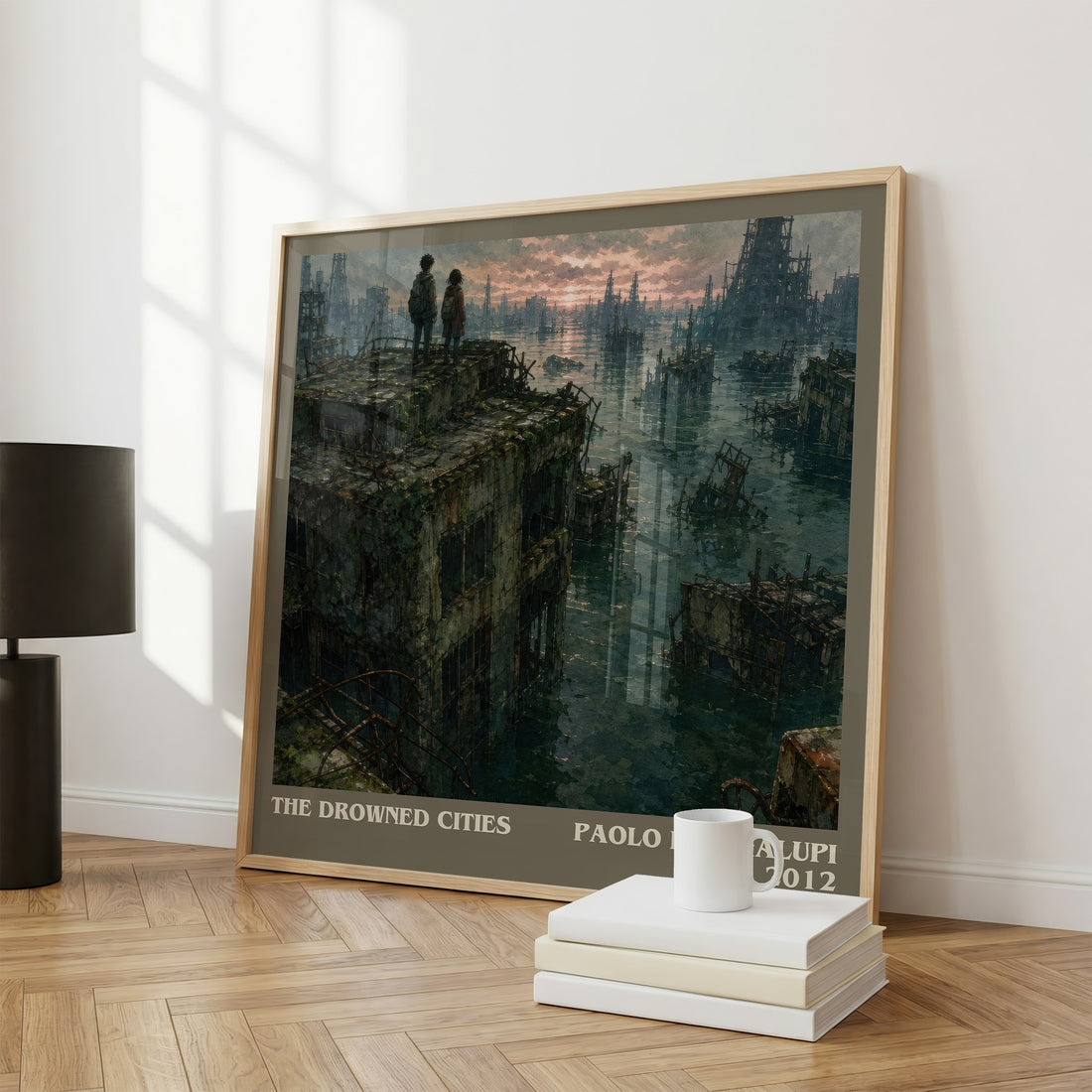 The drowned cities literary print framed by window – literary home decor