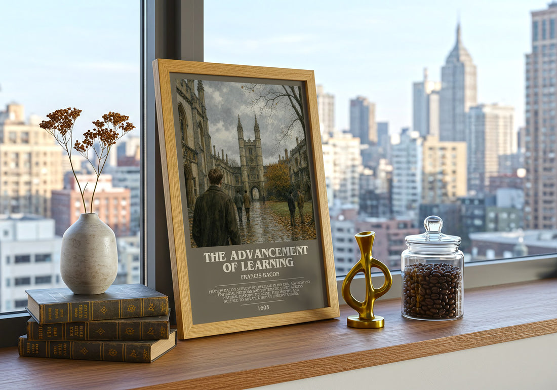 The advancement of learning bookish print framed by window – literary home decor