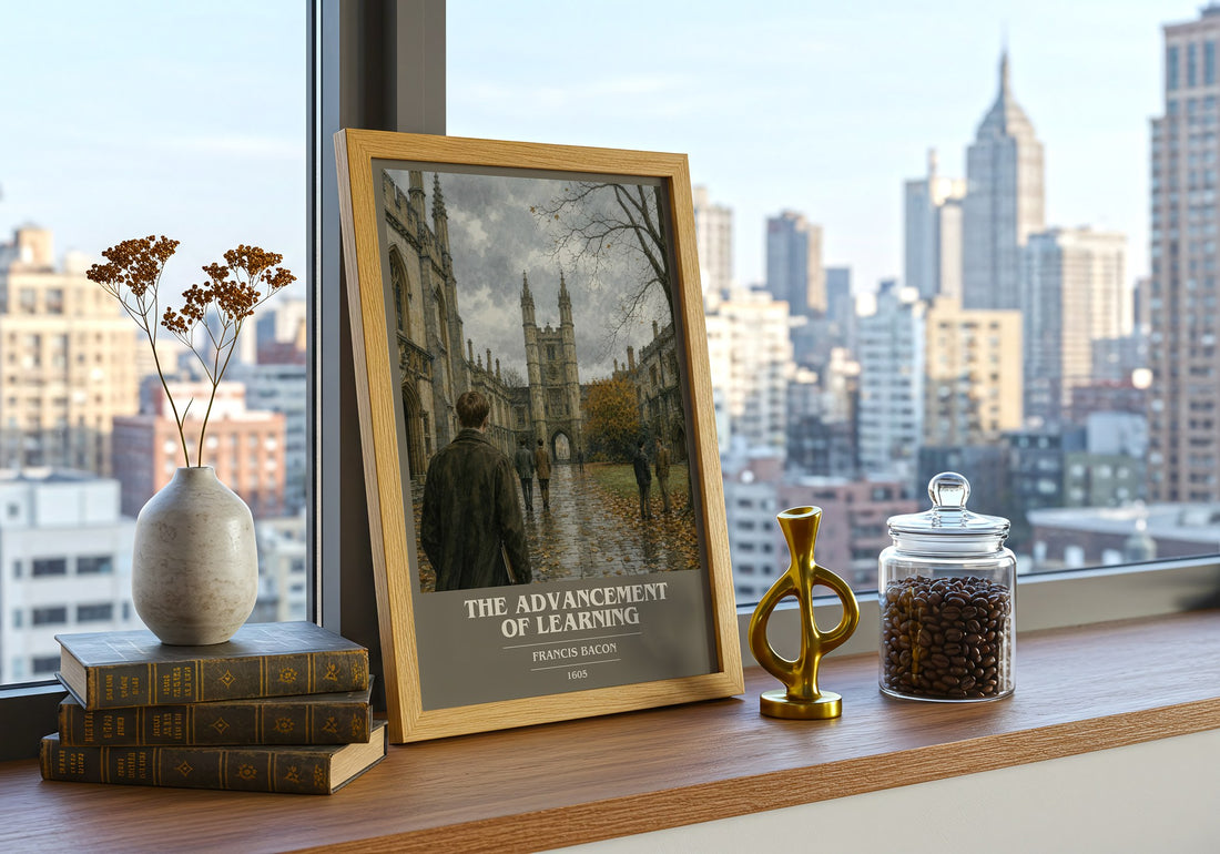 The advancement of learning Book Cover Poster by Francis Bacon – framed print on a city-view windowsill