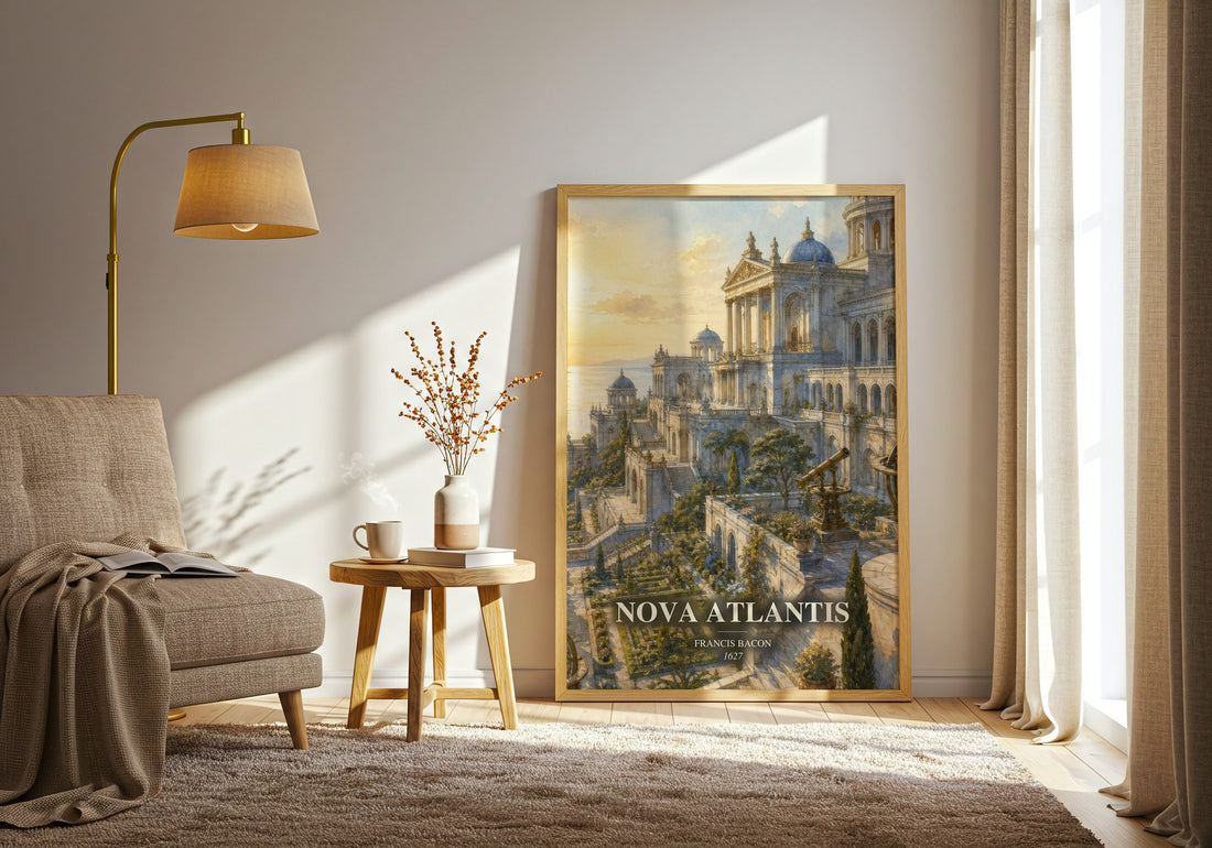 Nova Atlantis watercolour print in frame leaning in hallway – philosophy wall art