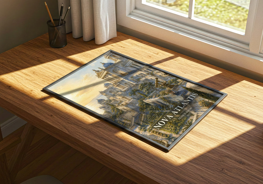 Nova Atlantis watercolour book poster framed on wall – philosophy wall art