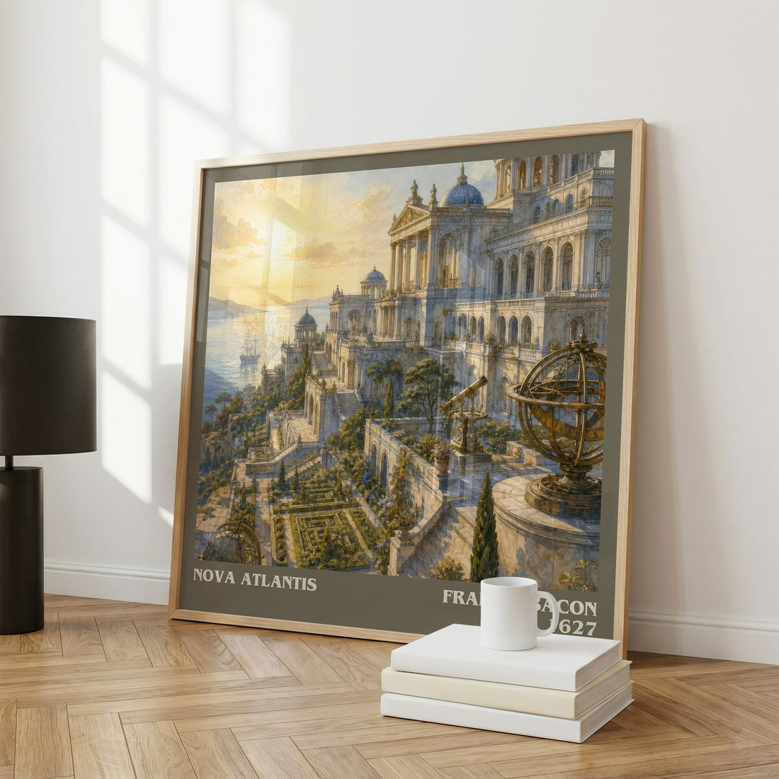 Nova Atlantis literary print framed by window – literary home decor