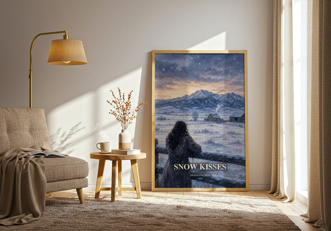 Snow Kisses watercolour print in frame leaning in hallway – romance wall art