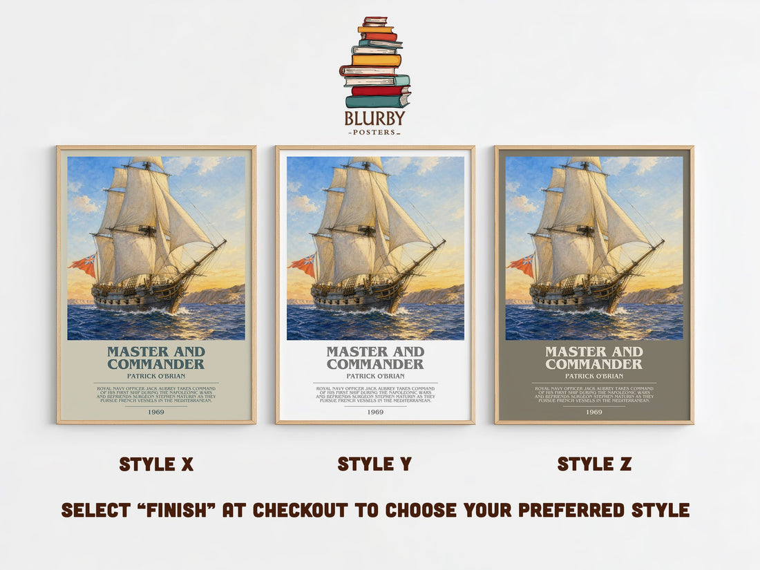 Master and Commander bookish print in frame leaning in hallway – historical fiction wall art (mockup)