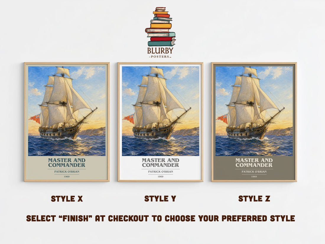 Master and Commander book cover print in frame leaning in hallway – historical fiction wall art (mockup)