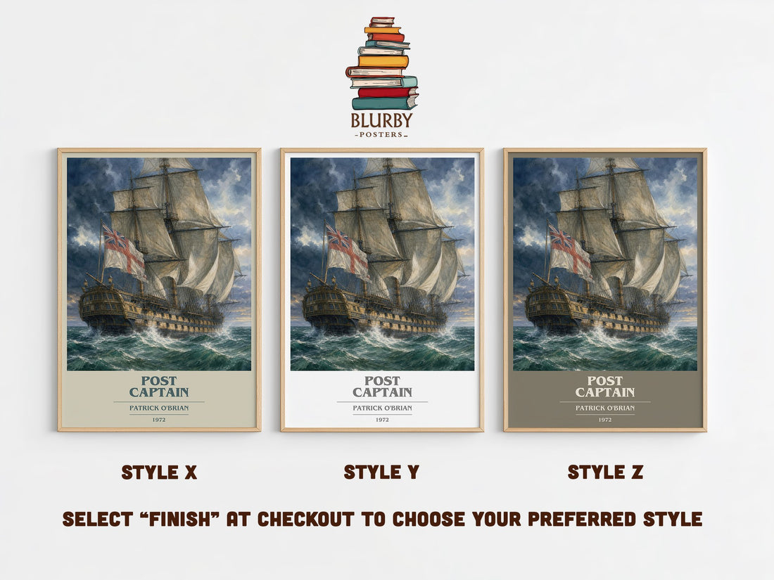 Post Captain book cover print in frame leaning in hallway – historical fiction wall art (mockup)