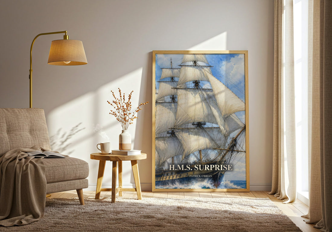 H.M.S. Surprise watercolour print in frame leaning in hallway – historical fiction wall art