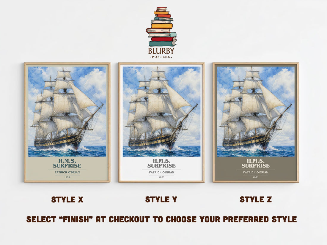 H.M.S. Surprise book cover print in frame leaning in hallway – historical fiction wall art (mockup)