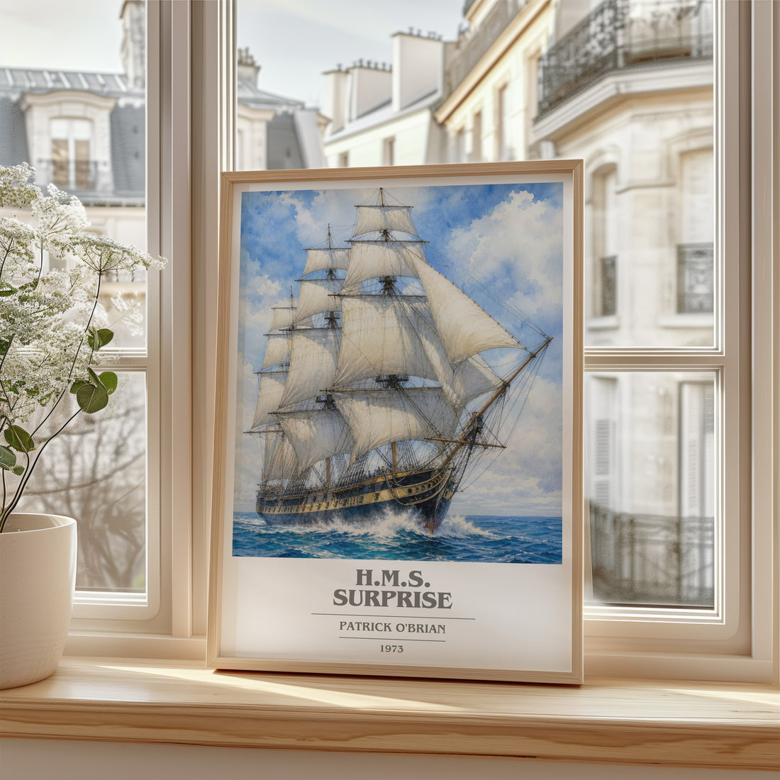H.M.S. Surprise book cover poster colour and style options – Patrick O'Brian book art
