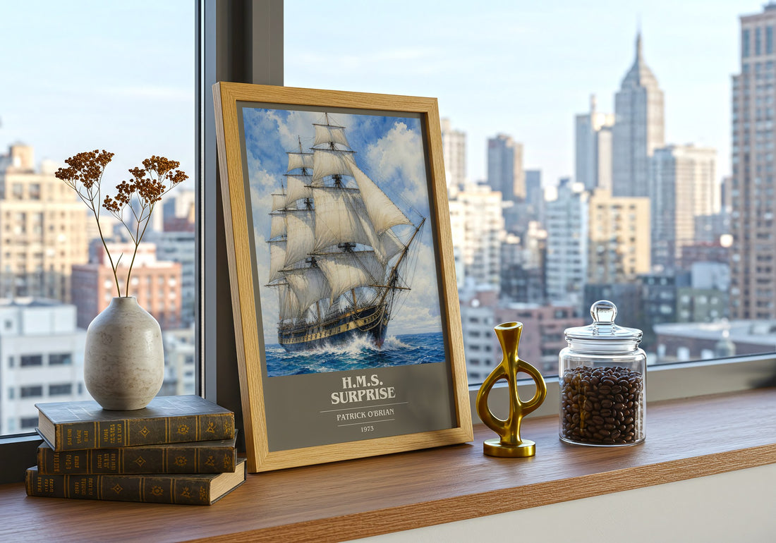 H.M.S. Surprise book cover print framed by window – literary home decor