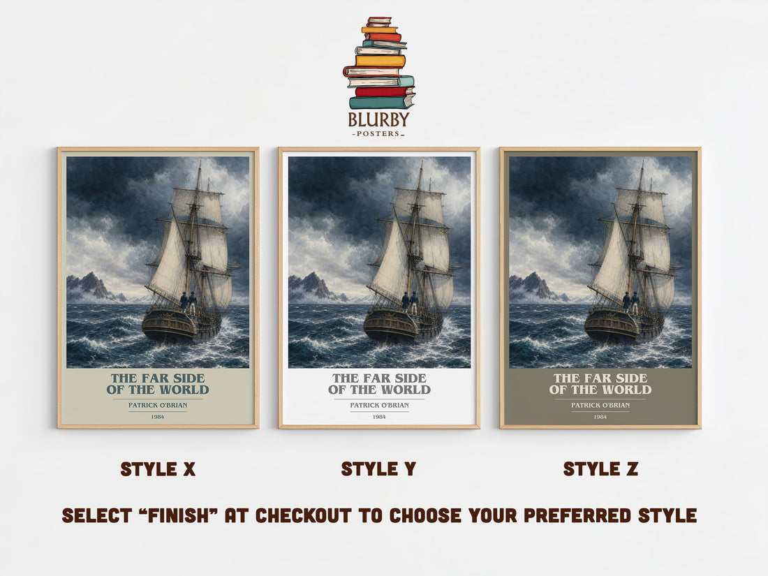 The Far Side of the World book cover print in frame leaning in hallway – historical fiction wall art (mockup)