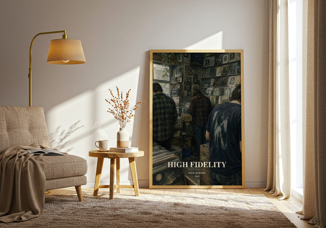 High Fidelity watercolour print in frame leaning in hallway – contemporary fiction wall art