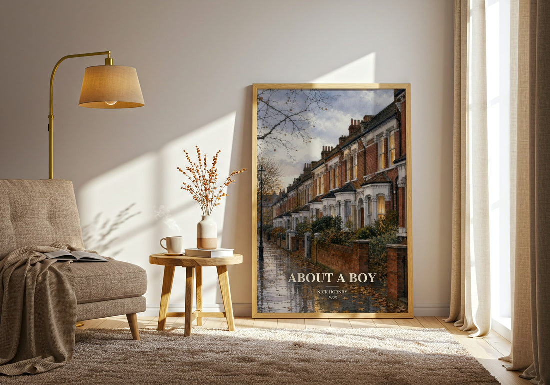 About a Boy watercolour print in frame leaning in hallway – contemporary fiction wall art