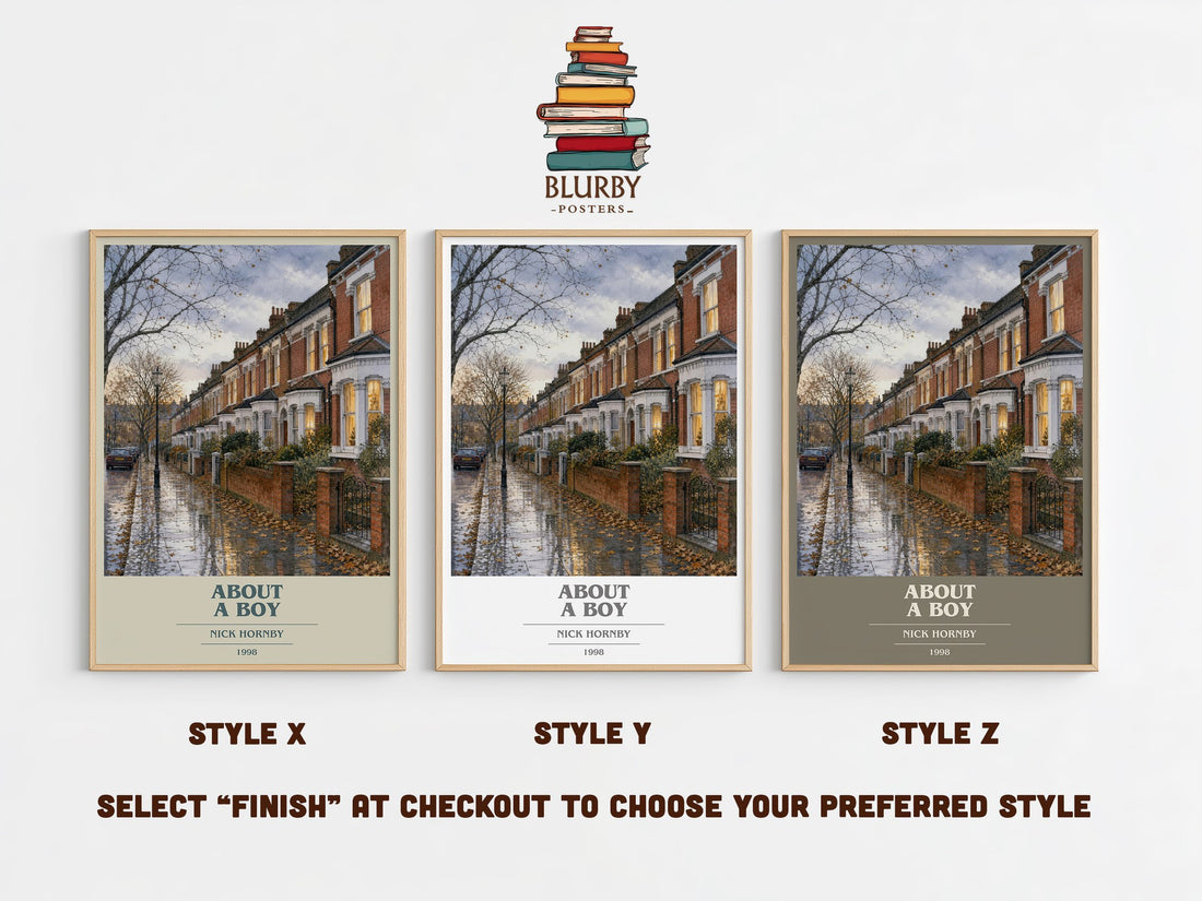 About a Boy book cover print in frame leaning in hallway – contemporary fiction wall art (mockup)