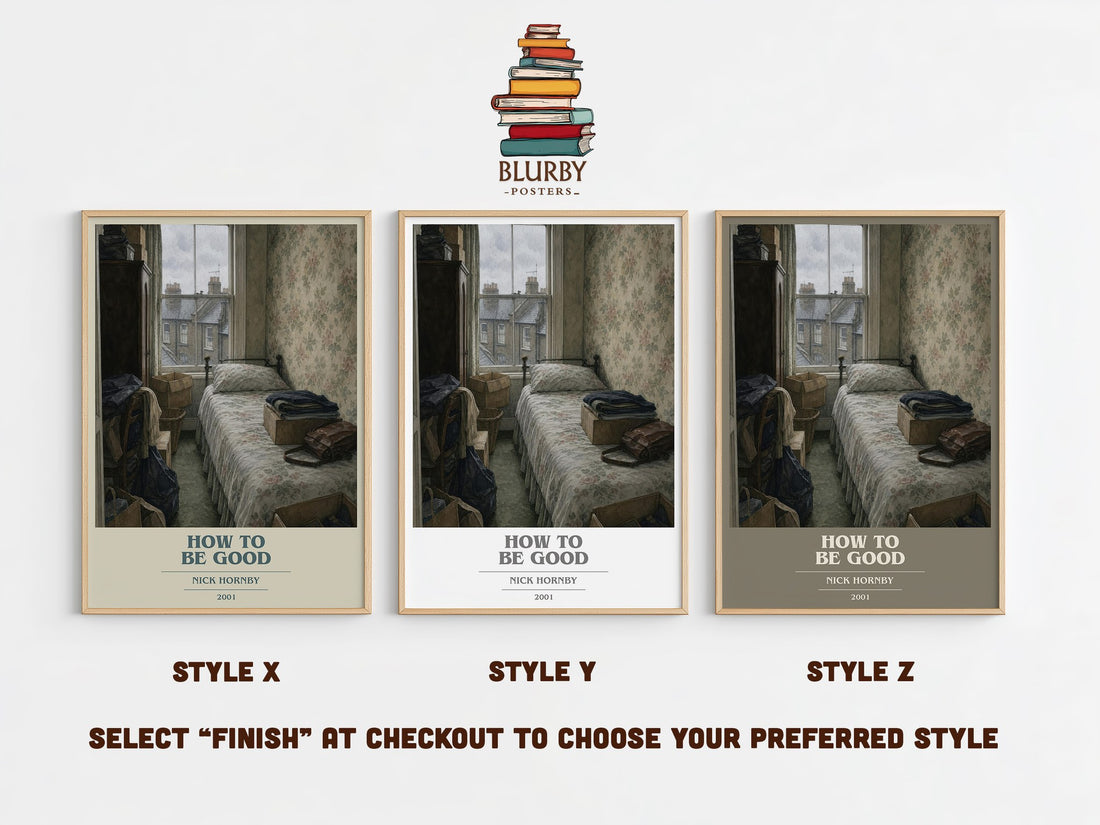How to Be Good book cover print in frame leaning in hallway – contemporary fiction wall art (mockup)