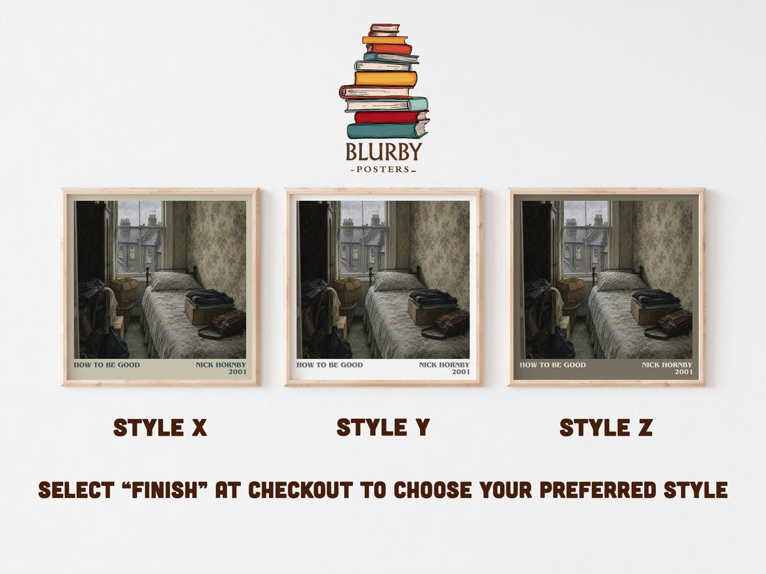 How to Be Good literary print in frame leaning in hallway – contemporary fiction wall art (mockup)