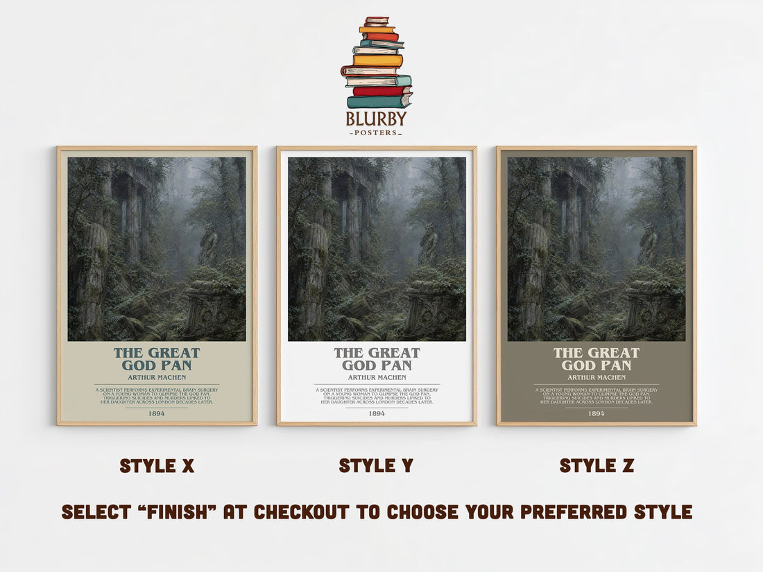 The Great God Pan bookish print in frame leaning in hallway – horror wall art (mockup)