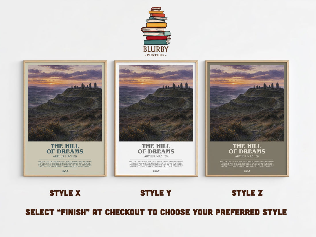 The Hill of Dreams bookish print in frame leaning in hallway – literary fiction wall art (mockup)