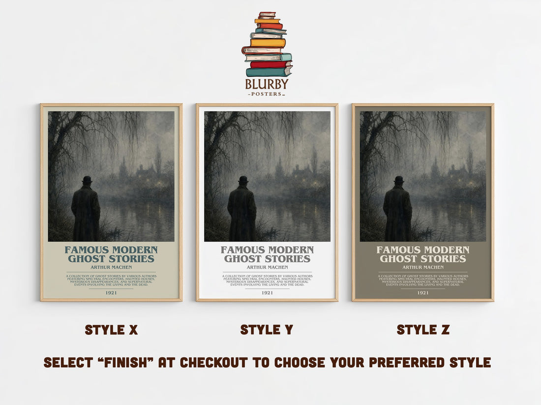 Famous Modern Ghost Stories bookish print in frame leaning in hallway – horror wall art (mockup)