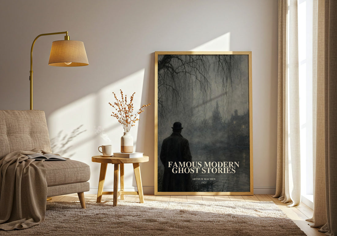 Famous Modern Ghost Stories watercolour print in frame leaning in hallway – horror wall art