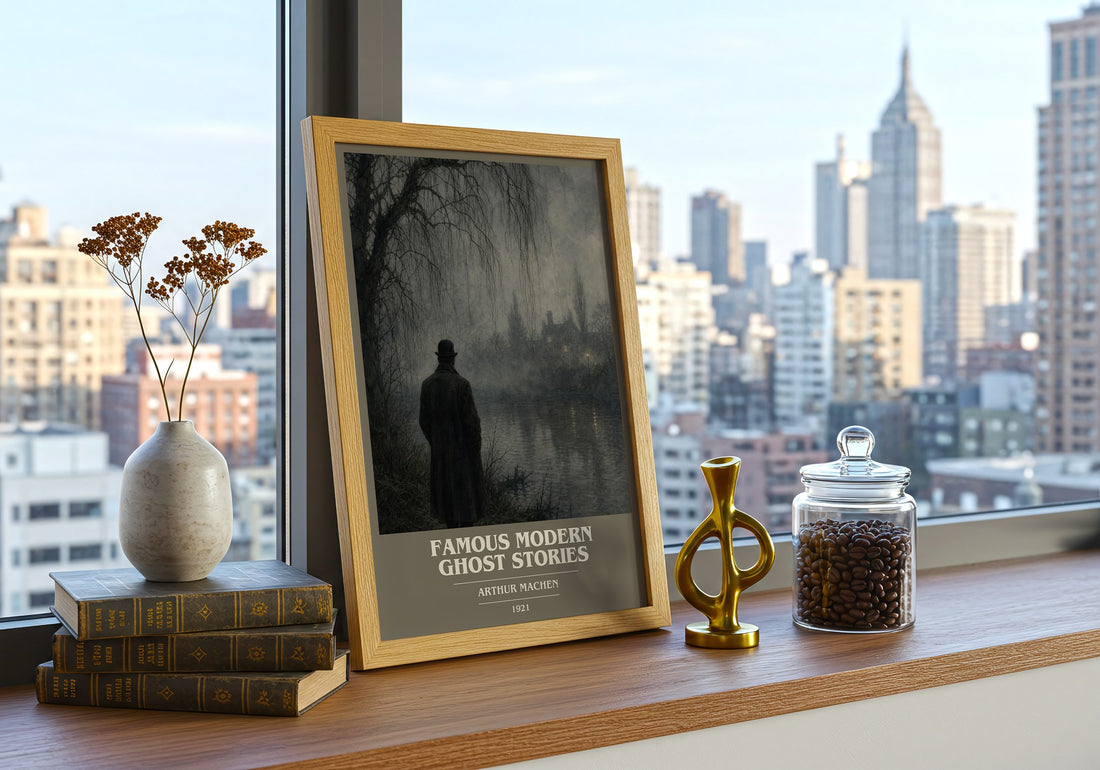Famous Modern Ghost Stories book cover print framed by window – literary home decor