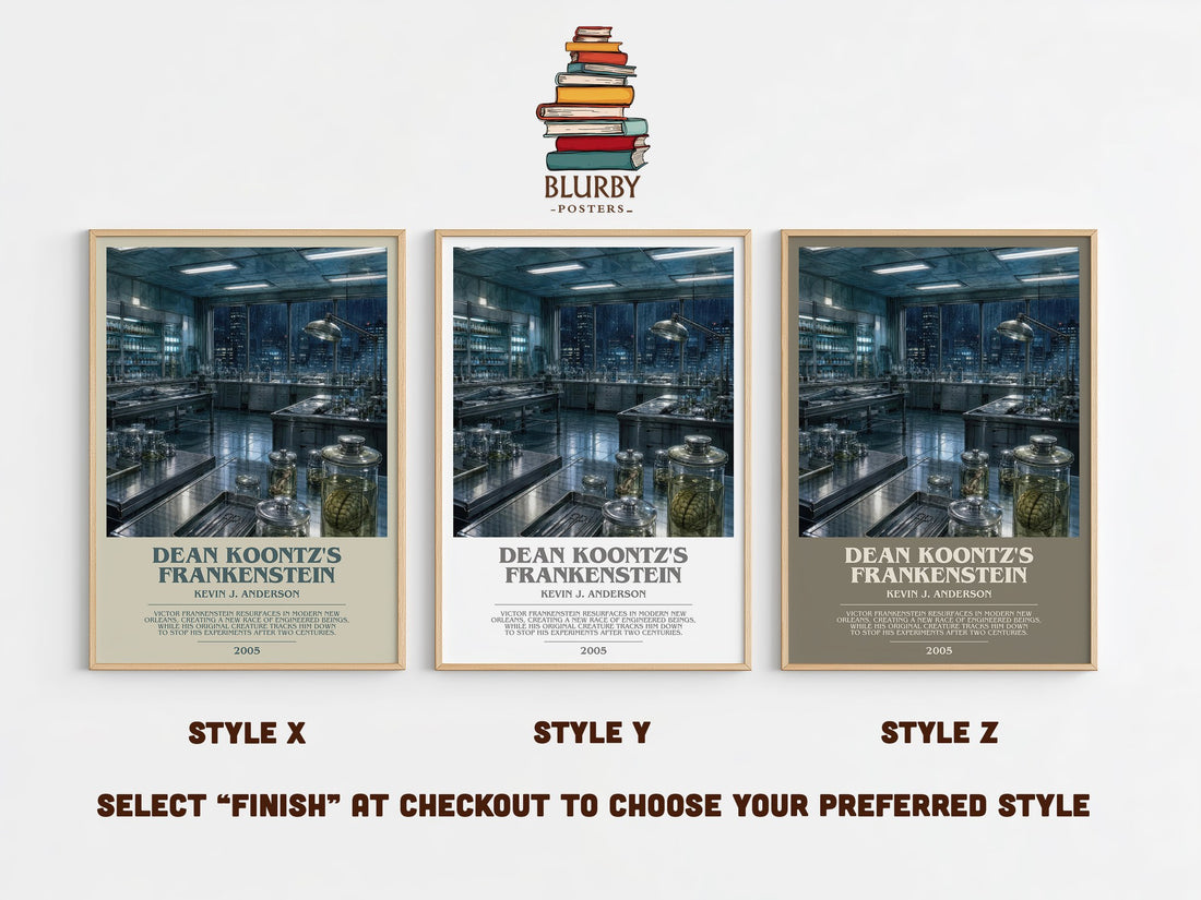 Dean Koontz's Frankenstein bookish print in frame leaning in hallway – horror wall art (mockup)
