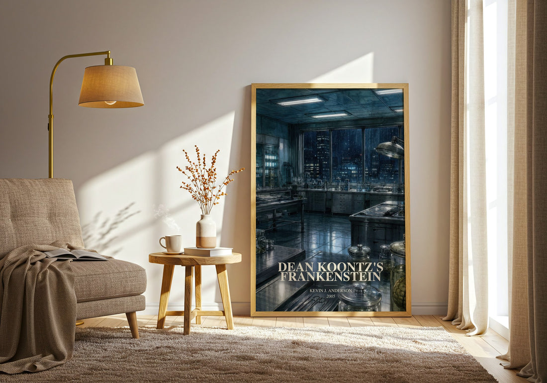 Dean Koontz's Frankenstein watercolour print in frame leaning in hallway – horror wall art