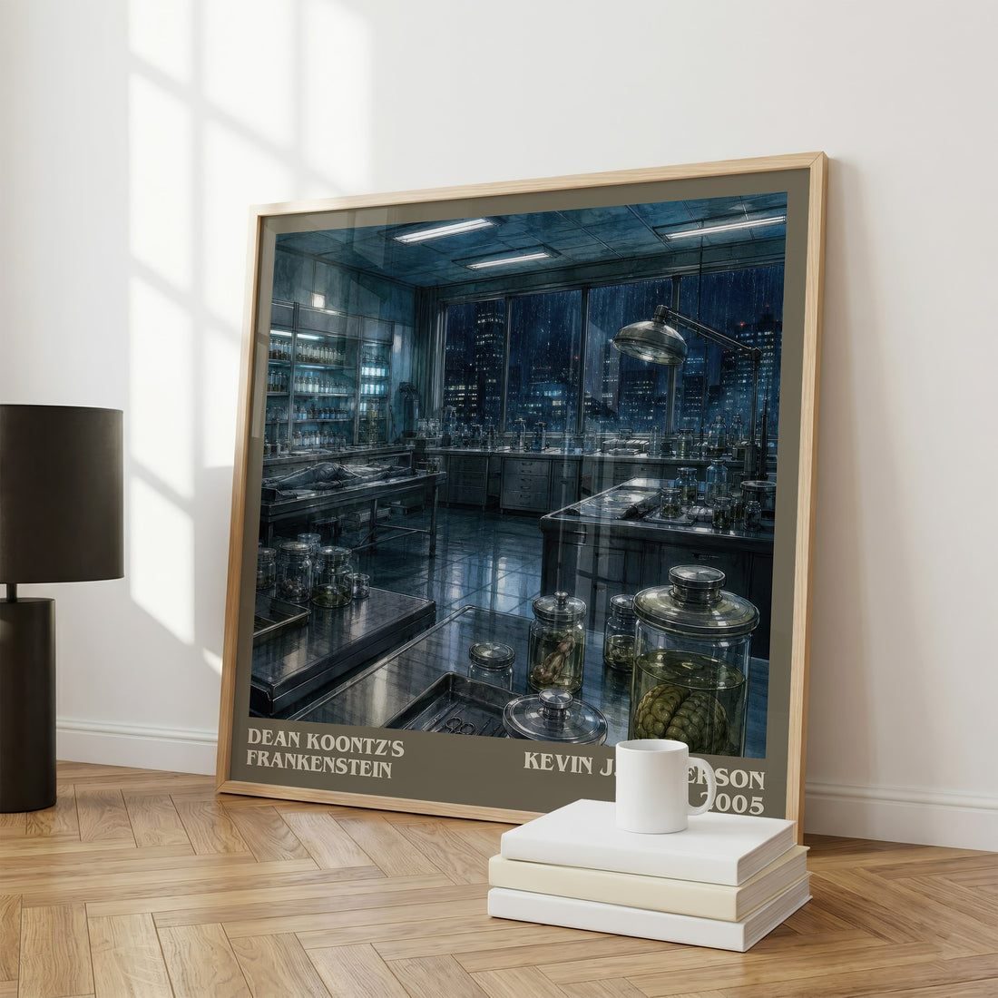 Dean Koontz's Frankenstein literary print framed by window – literary home decor